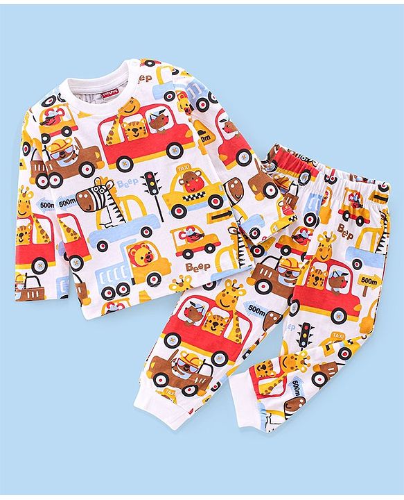 Babyhug Single Jersey Knit Full Sleeves Trucks Printed Night Suit - White