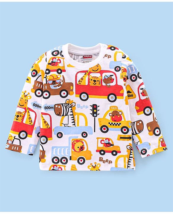 Babyhug Single Jersey Knit Full Sleeves Trucks Printed Night Suit - White