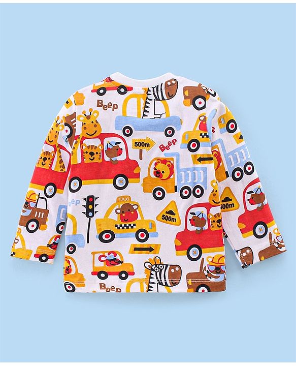 Babyhug Single Jersey Knit Full Sleeves Trucks Printed Night Suit - White