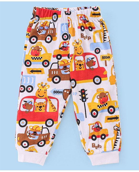 Babyhug Single Jersey Knit Full Sleeves Trucks Printed Night Suit - White