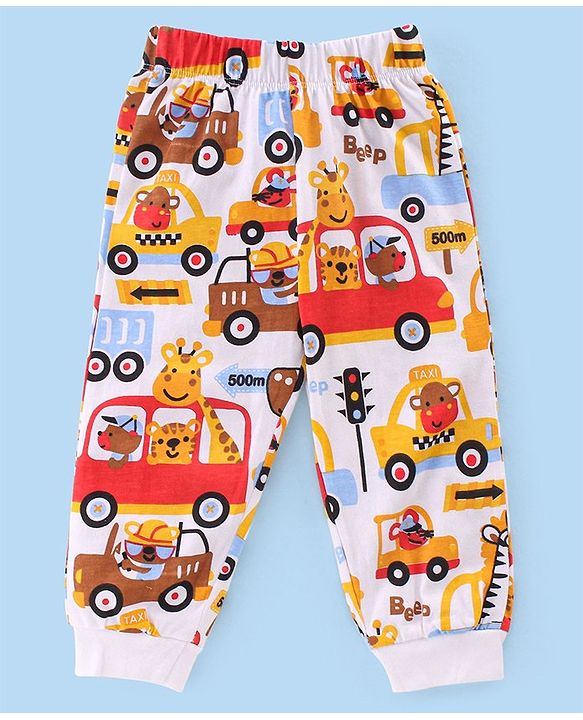 Babyhug Single Jersey Knit Full Sleeves Trucks Printed Night Suit - White