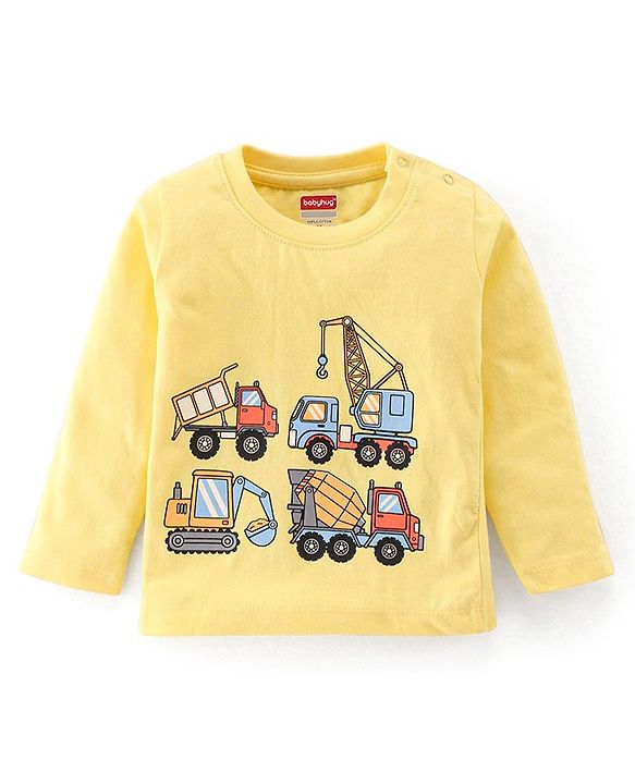 Babyhug Cotton Single Jersey Knit Full Sleeves Night Suit Construction Vehicle Print - Yellow