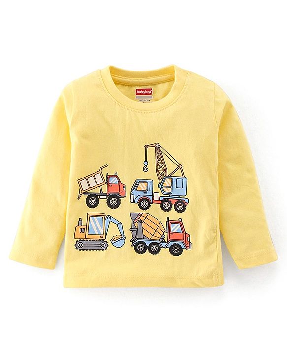 Babyhug Cotton Single Jersey Knit Full Sleeves Night Suit Construction Vehicle Print - Yellow