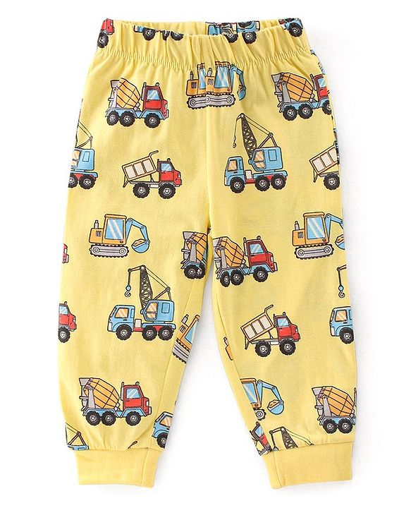 Babyhug Cotton Single Jersey Knit Full Sleeves Night Suit Construction Vehicle Print - Yellow