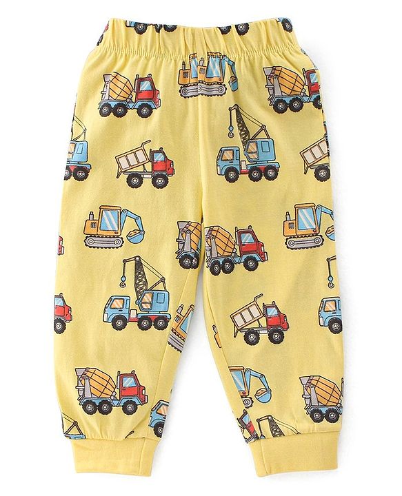Babyhug Cotton Single Jersey Knit Full Sleeves Night Suit Construction Vehicle Print - Yellow