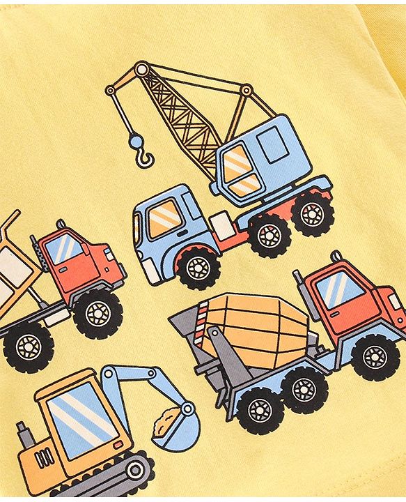 Babyhug Cotton Single Jersey Knit Full Sleeves Night Suit Construction Vehicle Print - Yellow