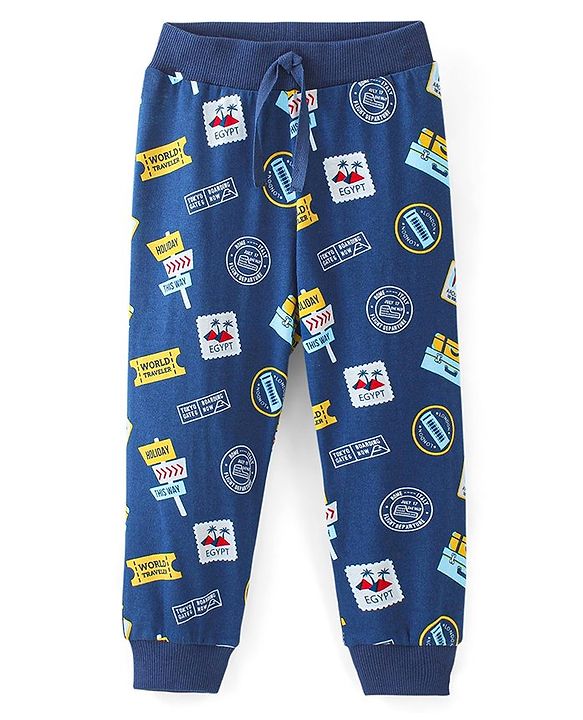 Babyhug Cotton Knit Full Length Vacations Print Lounge Pant - Navy Blue