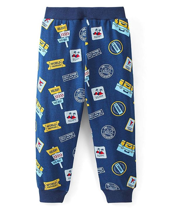 Babyhug Cotton Knit Full Length Vacations Print Lounge Pant - Navy Blue