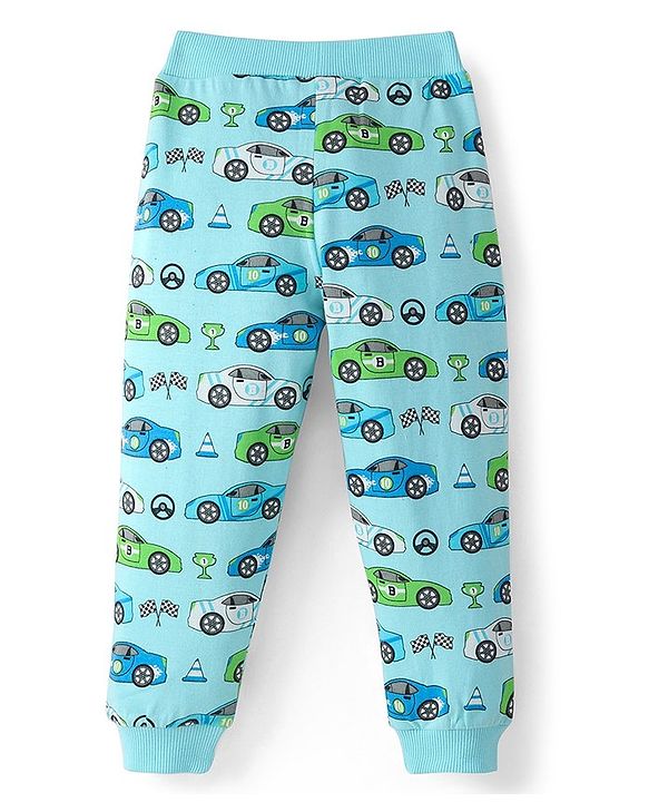 Babyhug Cotton Jersey Knit Full Length Lounge Pant Car Print - Blue