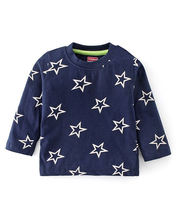 Babyhug Cotton Single Jersey Knit Full Sleeves Night Suit With Star Print - Navy Blue
