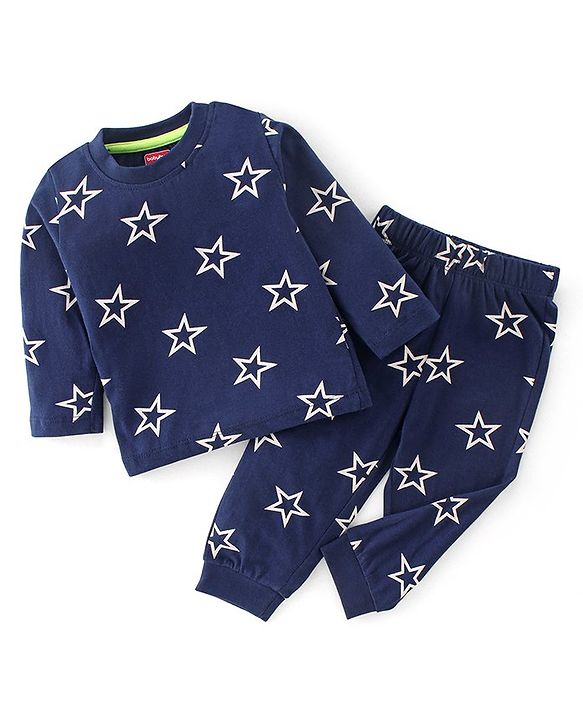 Babyhug Cotton Single Jersey Knit Full Sleeves Night Suit With Star Print - Navy Blue
