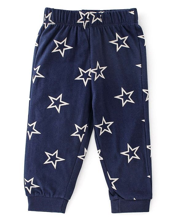 Babyhug Cotton Single Jersey Knit Full Sleeves Night Suit With Star Print - Navy Blue