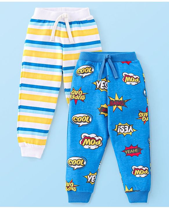 Babyhug Cotton Full Length Lounge Pants Striped & Text Printed Pack  of 2 - Blue & Yellow