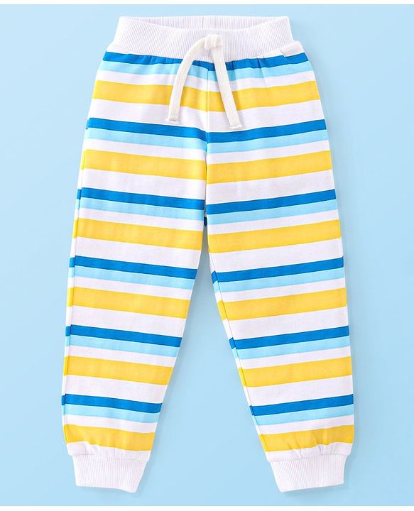 Babyhug Cotton Full Length Lounge Pants Striped & Text Printed Pack  of 2 - Blue & Yellow
