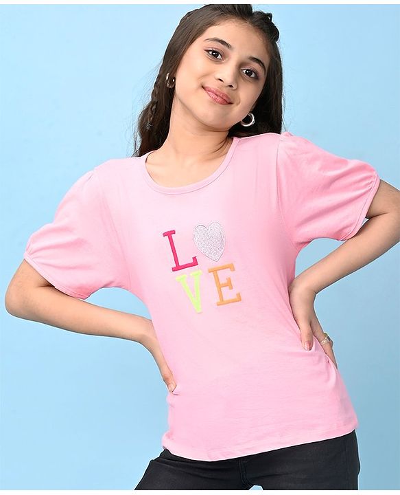 Pine Kids Cotton Knit Half Sleeves T-Shirt Text Embroidery - Pink