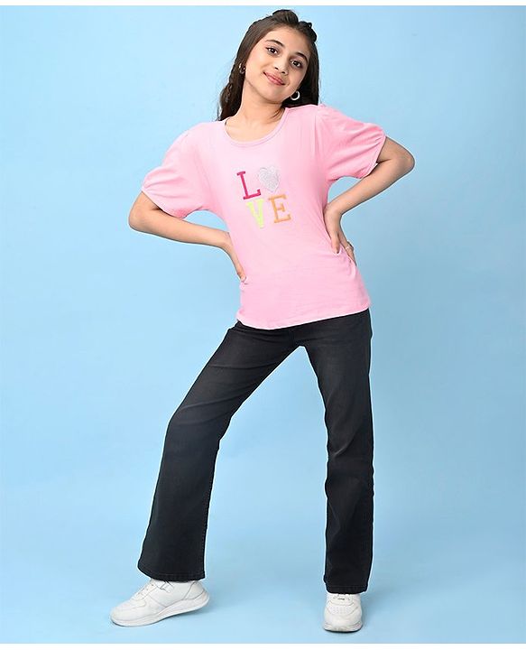 Pine Kids Cotton Knit Half Sleeves T-Shirt Text Embroidery - Pink