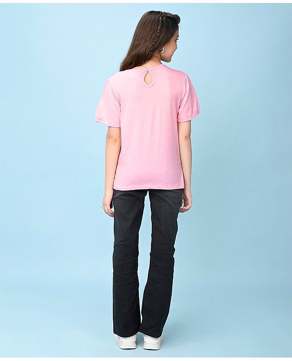 Pine Kids Cotton Knit Half Sleeves T-Shirt Text Embroidery - Pink