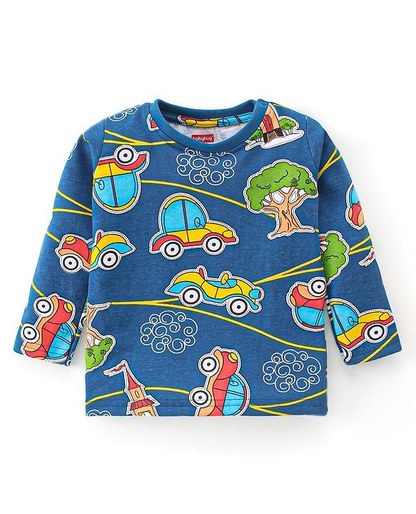 Babyhug Single Jersey Knit Full Sleeves Night Suit Car Print - Navy Blue