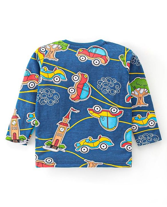 Babyhug Single Jersey Knit Full Sleeves Night Suit Car Print - Navy Blue