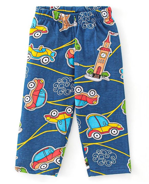 Babyhug Single Jersey Knit Full Sleeves Night Suit Car Print - Navy Blue