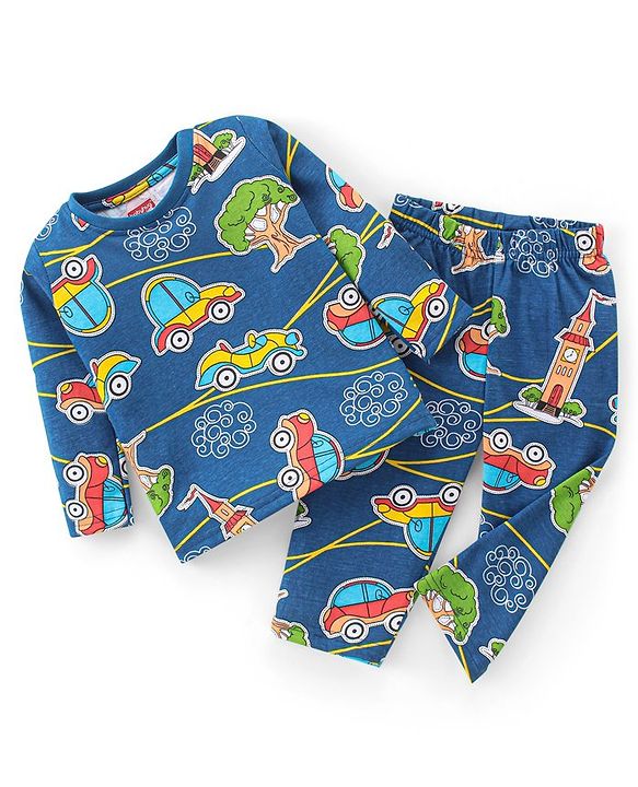 Babyhug Single Jersey Knit Full Sleeves Night Suit Car Print - Navy Blue