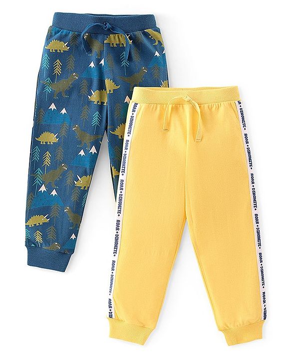 Babyhug Cotton Jersey Knit Full Length Lounge Pant Dino Printed Pack of 2 - Blue & Yellow