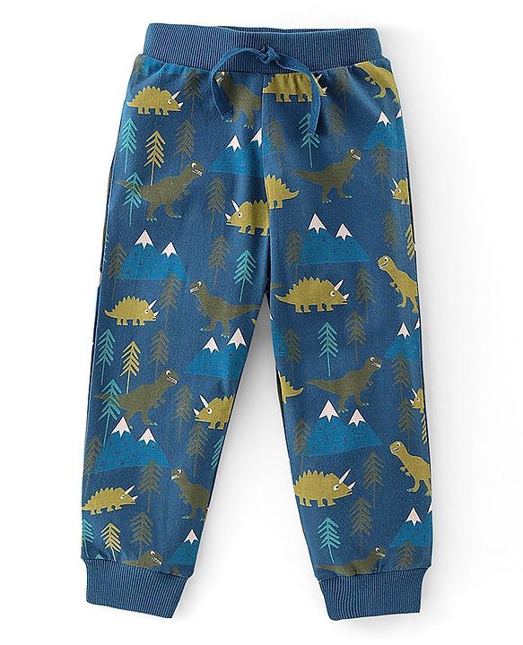 Babyhug Cotton Jersey Knit Full Length Lounge Pant Dino Printed Pack of 2 - Blue & Yellow