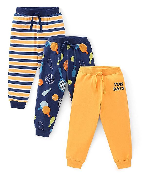 Babyhug Cotton Full Length Lounge Pant Stripes & Bowling Print Pack of 3- Blue & Yellow