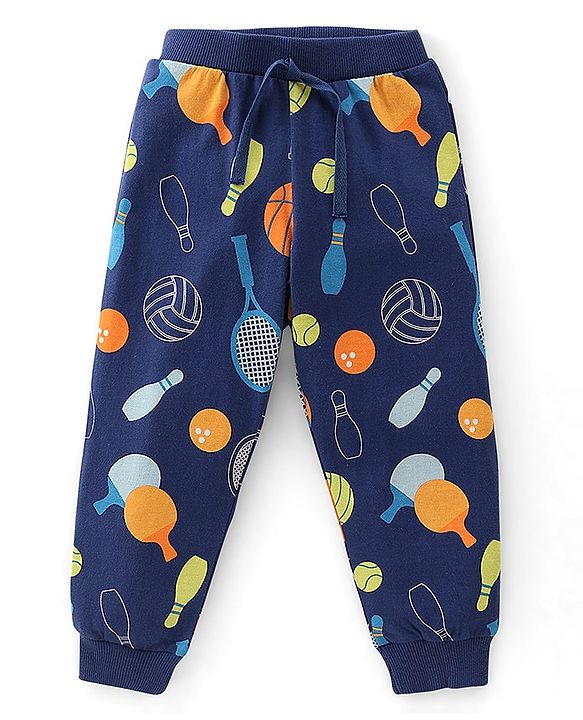 Babyhug Cotton Full Length Lounge Pant Stripes & Bowling Print Pack of 3- Blue & Yellow