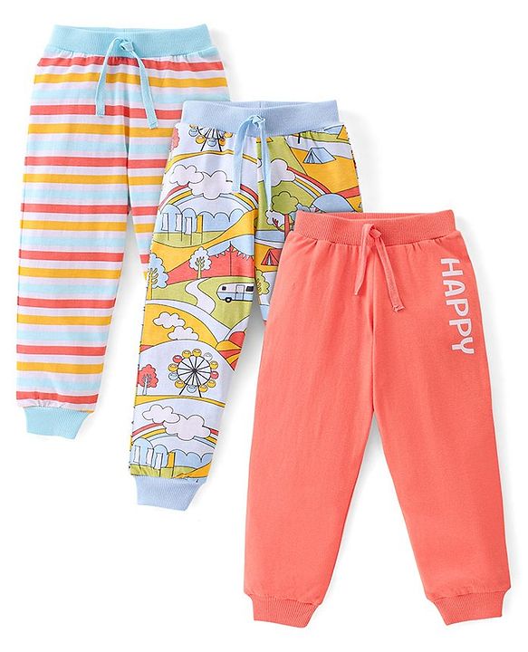 Babyhug Cotton Full Length Lounge Pants Striped Pack of 3 - Pink & Blue