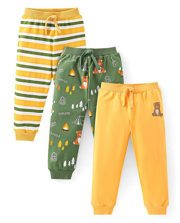 Babyhug Cotton Jersey Knit Full Length Lounge Pant Stripes & Bear Print Pack Of 3 - Multicolor