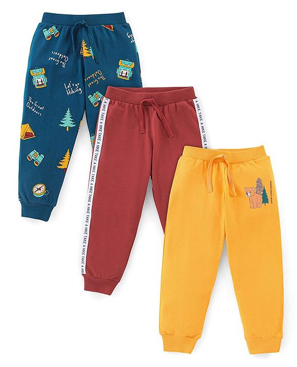 Babyhug Cotton Knit Full Length Vacation Print Lounge Pants Pack of 3 - Navy Maroon & Yellow