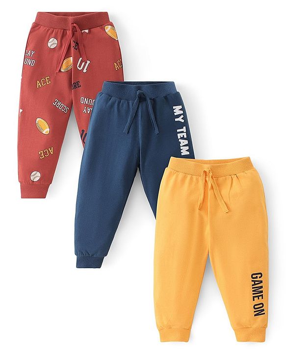 Babyhug Cotton Knit Full Length Lounge Pant Text Print Pack Of 3 - Maroon Yellow & Navy Blue
