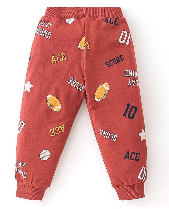 Babyhug Cotton Knit Full Length Lounge Pant Text Print Pack Of 3 - Maroon Yellow & Navy Blue