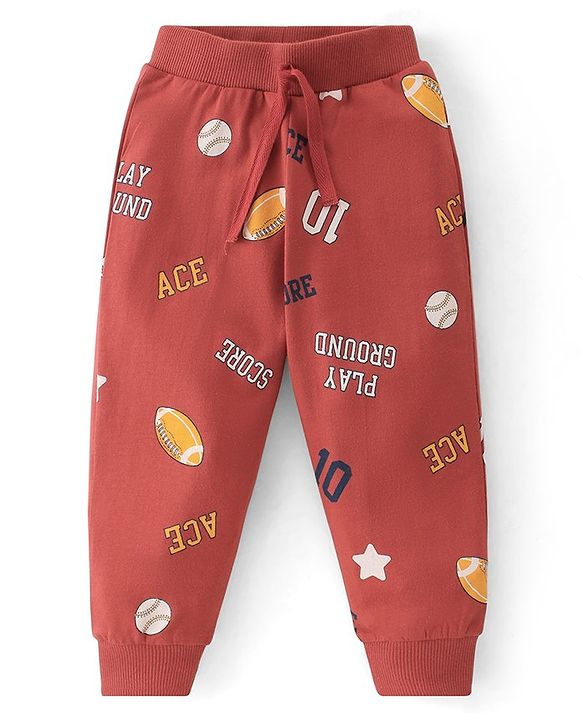 Babyhug Cotton Knit Full Length Lounge Pant Text Print Pack Of 3 - Maroon Yellow & Navy Blue