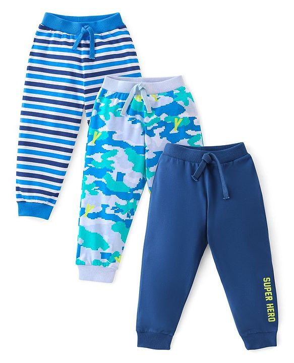 Babyhug Cotton Knit Full Length Camo Print Lounge Pants Pack of 3 - Blue
