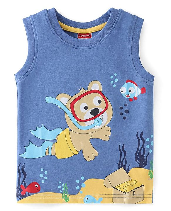 Babyhug 100% Cotton Knit Sleeveless T-Shirt with Teddy Graphics - Blue