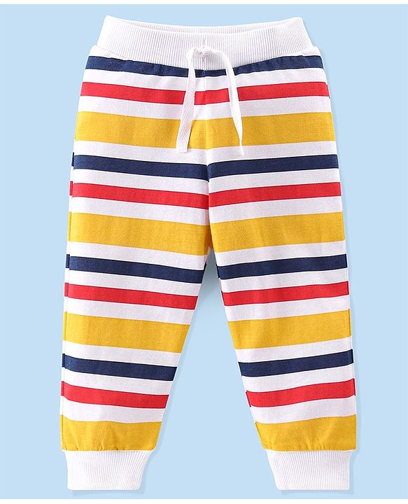 Babyhug Cotton Knit Full Length Lounge Pants Striped & Text Printed Pack of 3 - Blue Yellow & Red