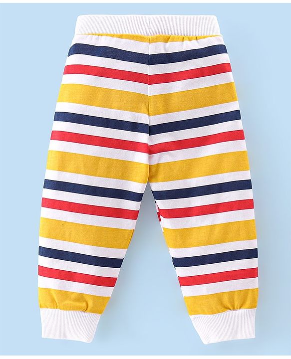 Babyhug Cotton Knit Full Length Lounge Pants Striped & Text Printed Pack of 3 - Blue Yellow & Red