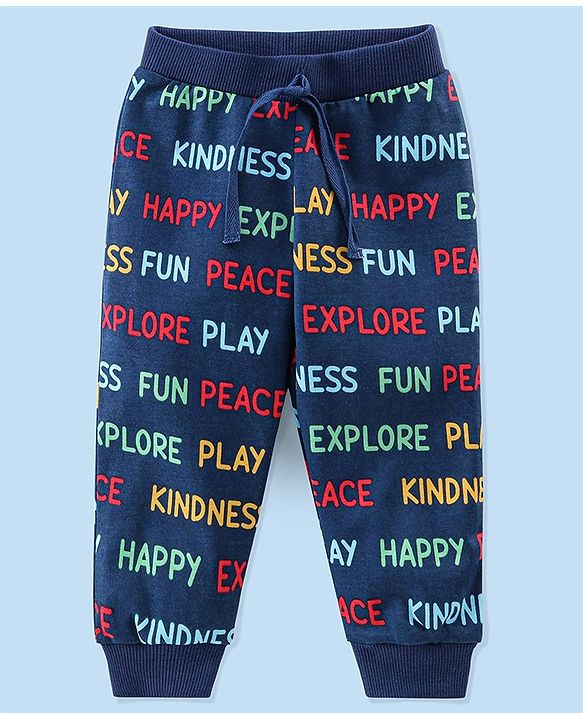 Babyhug Cotton Knit Full Length Lounge Pants Striped & Text Printed Pack of 3 - Blue Yellow & Red