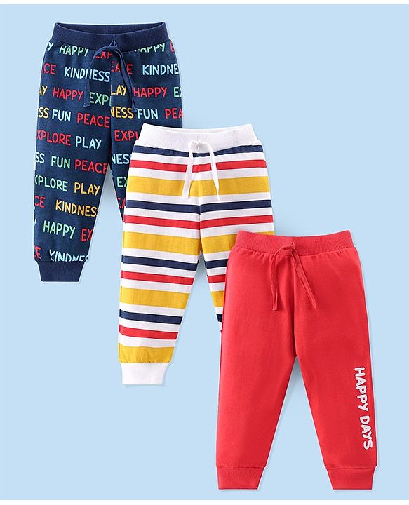 Babyhug Cotton Knit Full Length Lounge Pants Striped & Text Printed Pack of 3 - Blue Yellow & Red