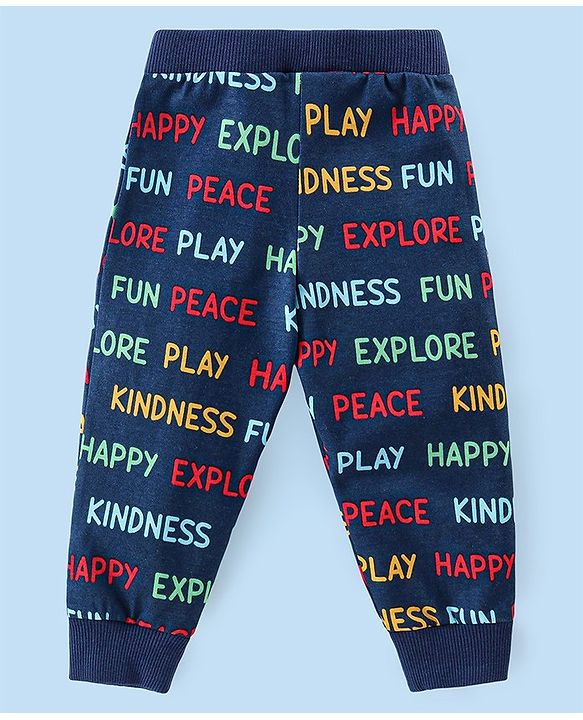 Babyhug Cotton Knit Full Length Lounge Pants Striped & Text Printed Pack of 3 - Blue Yellow & Red