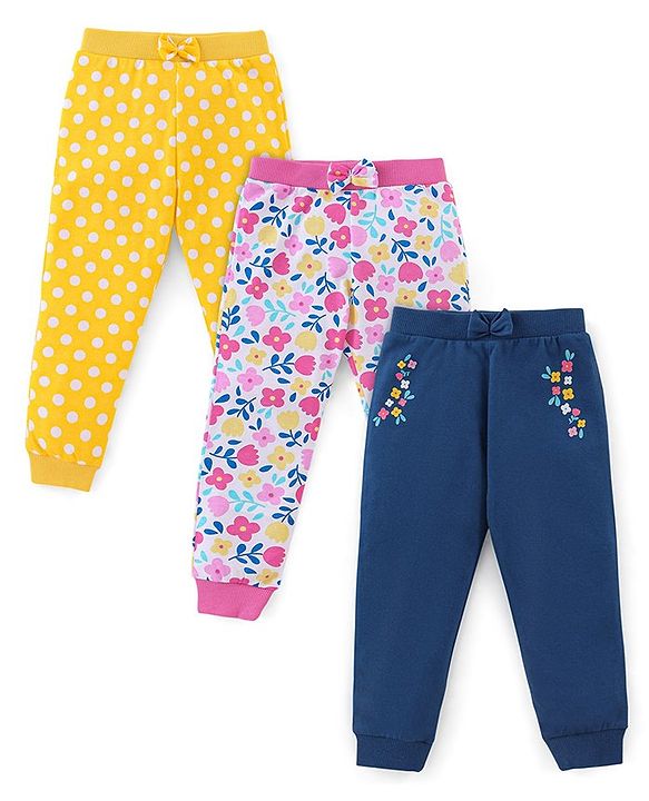 Babyhug Cotton Knit Full Length Floral Print Lounge Pants Pack of 3 - Navy Pink & Yellow