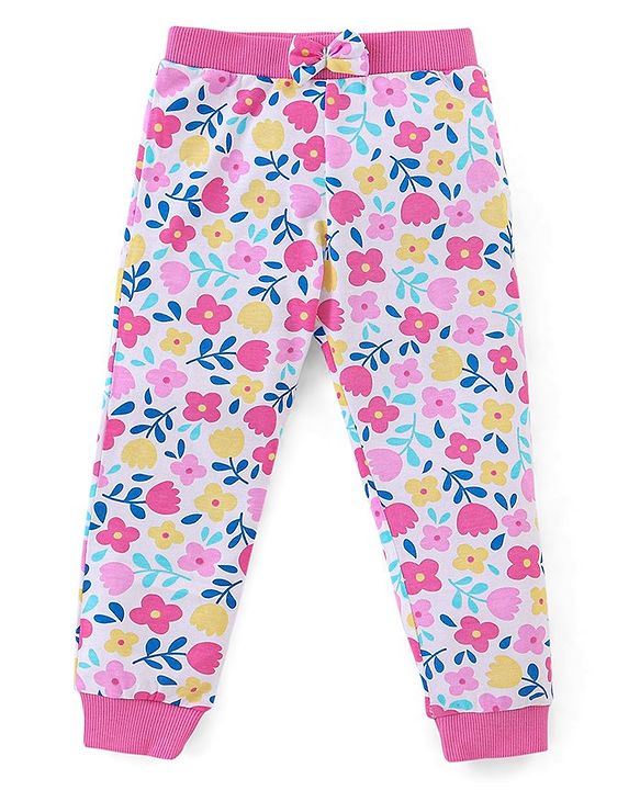 Babyhug Cotton Knit Full Length Floral Print Lounge Pants Pack of 3 - Navy Pink & Yellow