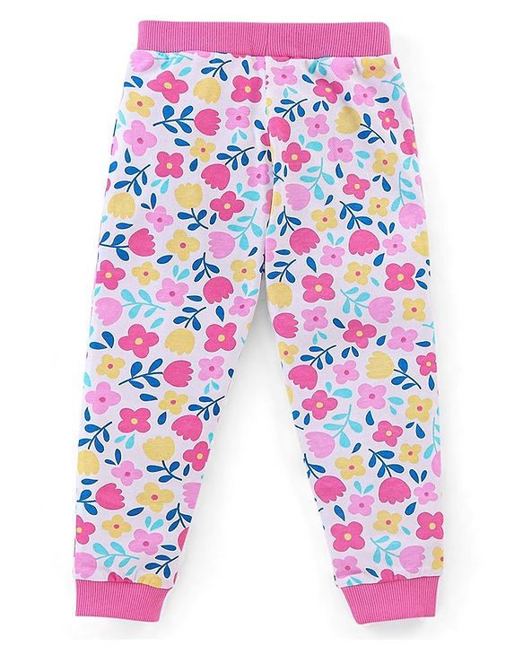 Babyhug Cotton Knit Full Length Floral Print Lounge Pants Pack of 3 - Navy Pink & Yellow