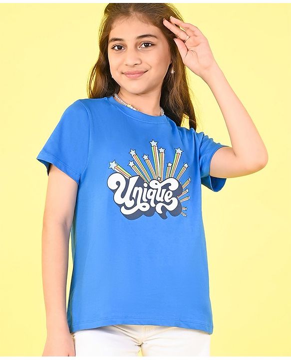 Pine Kids 100% Cotton Knit Half Sleeves T-Shirt Text Print - French Blue
