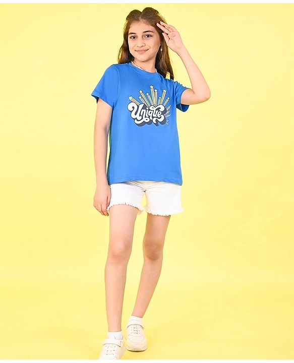Pine Kids 100% Cotton Knit Half Sleeves T-Shirt Text Print - French Blue