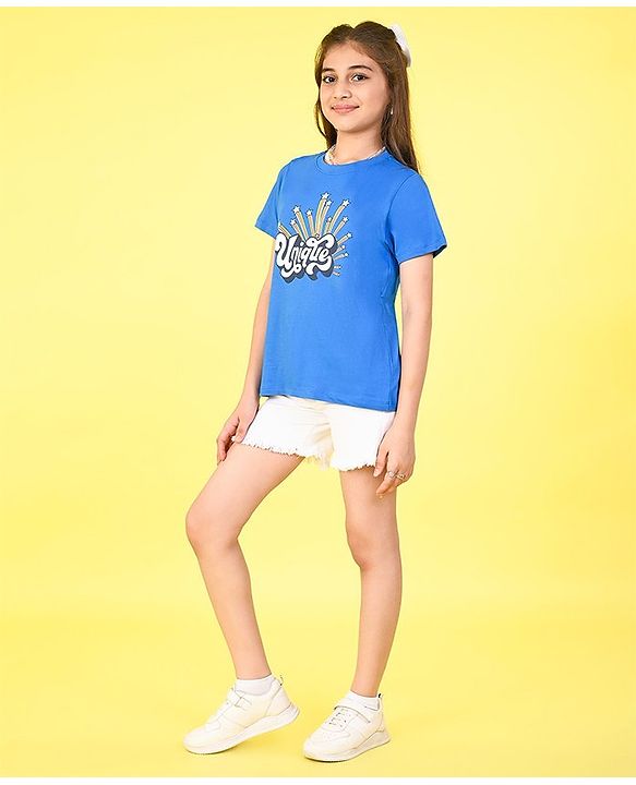 Pine Kids 100% Cotton Knit Half Sleeves T-Shirt Text Print - French Blue