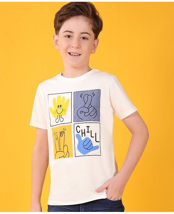 Pine Kids 100% Cotton Half Sleeves T-Shirt With Fingers Cross Print - White