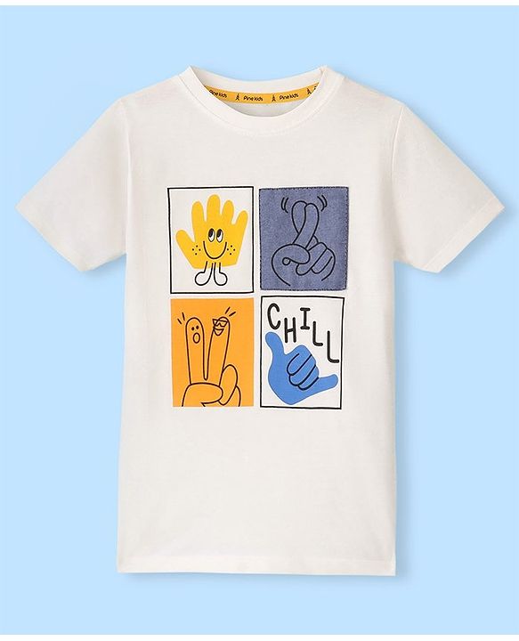 Pine Kids 100% Cotton Half Sleeves T-Shirt With Fingers Cross Print - White